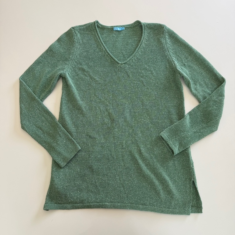 J. McLaughlin-Cotton Blend-Knit-V Roll Neck-Green-Sweater-Preppy-Costal-Size S